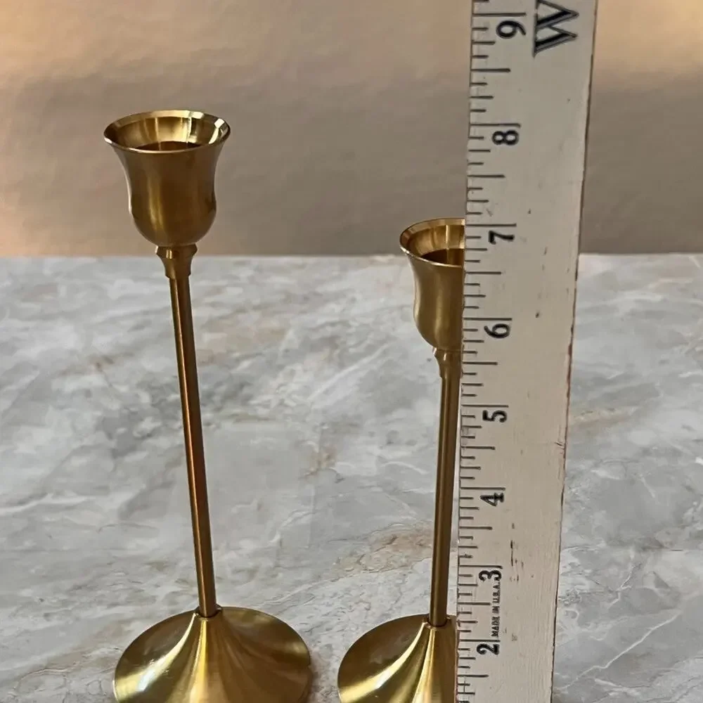 Set of 2 Gold Metal Taper Candle Holders 7.75" & 6.5" Tall - Picture 6 of 7